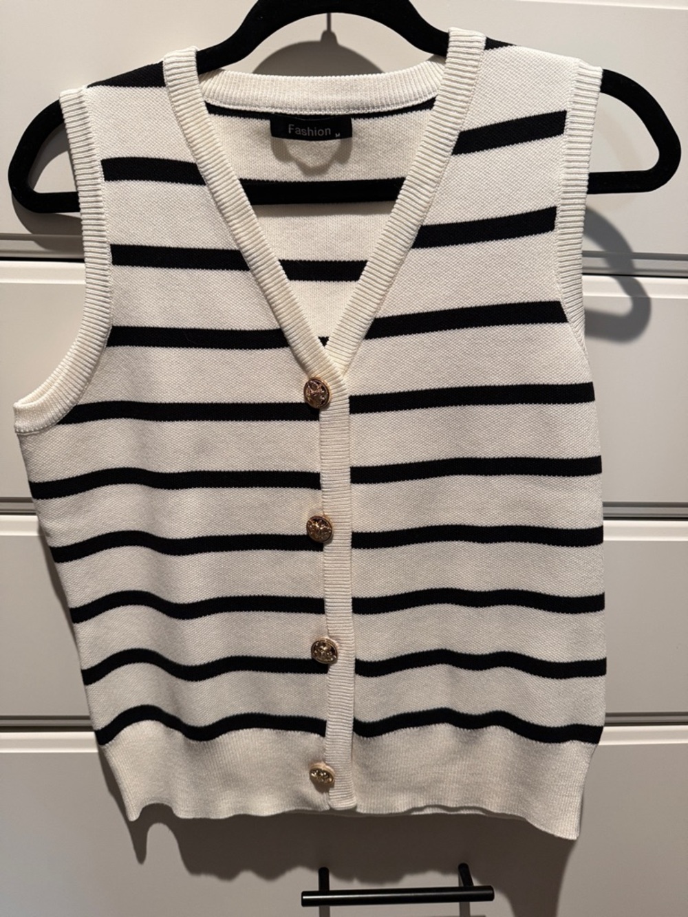 Striped Knit Button Front Vest - White & Black